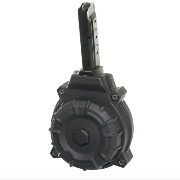 Promag S&W Shield Magazine, front view of black polymer drum with vertical magazine
