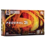 Federal Fusion rifle ammunition, front view of red and orange 6.5 Creedmoor box
