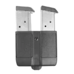 Blackhawk Double Magazine Case, black dual pouch with two silver magazines in front view