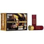 Federal FED GRAND SLAM box, front view, beside two red shotshells, one showing its brass base