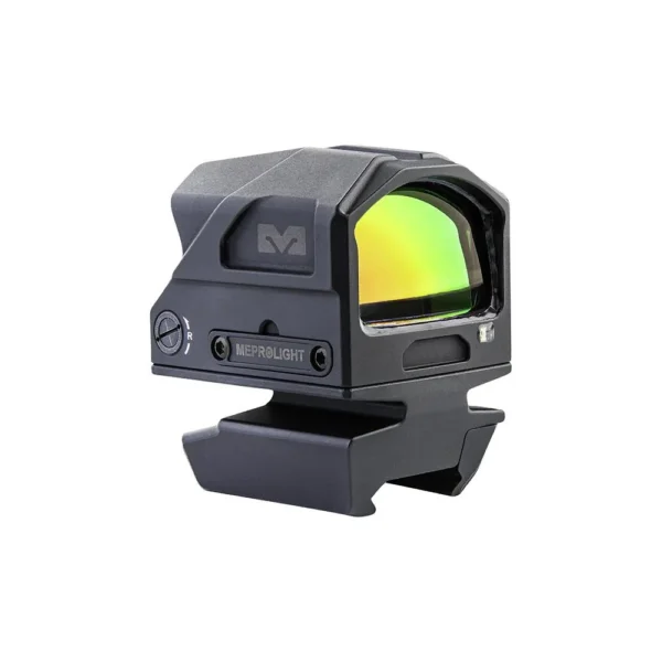 Meprolight MEPRO MCO PRO black optic, front-right view, with green reflective lens and mount