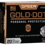 Speer Ammunition SPR GOLD DOT, black and gold ammunition box shown from the front