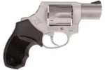 Taurus 856 UL, right-side view with silver frame, short barrel, cylinder and black grip