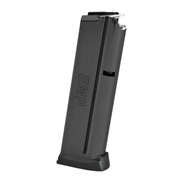 Springfield EMP Champion Magazine, black angled side view with base plate and feed lips