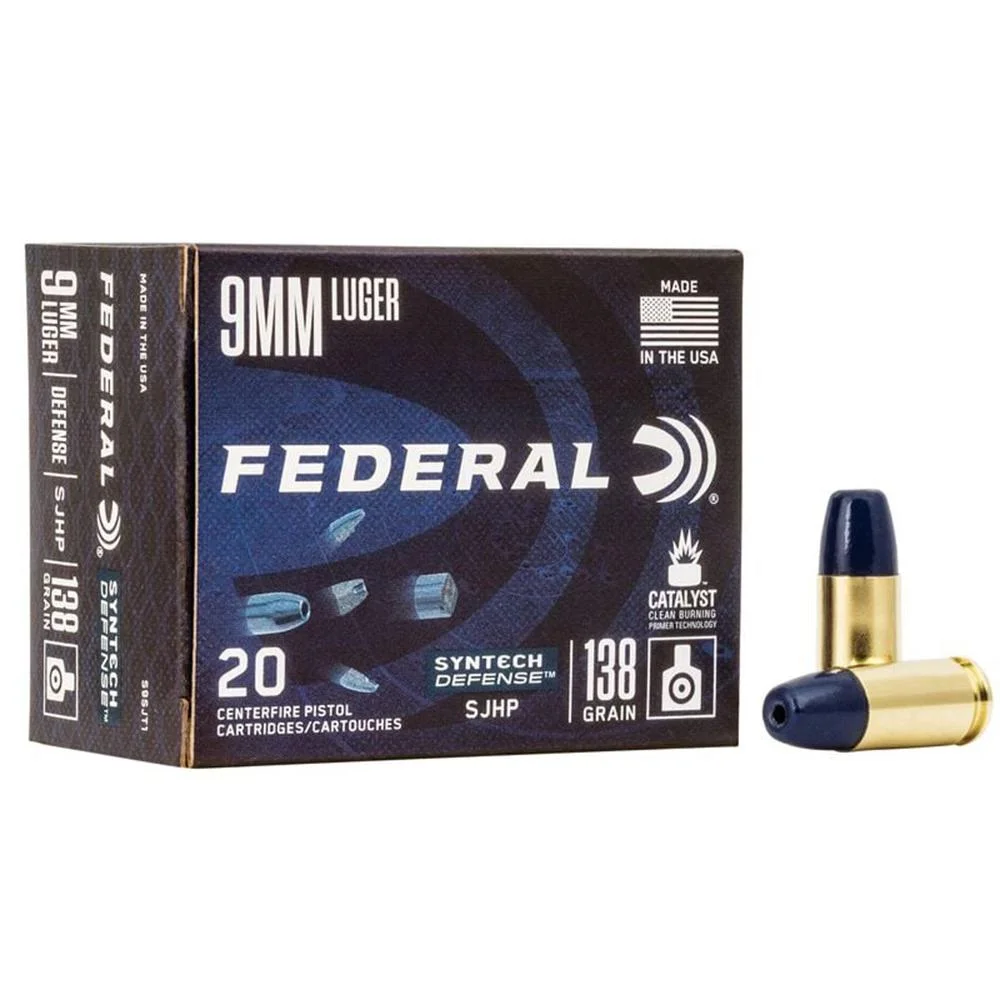 primary-50712 Federal Syntech Defense Handgun Ammunition, front of black box with two cartridges