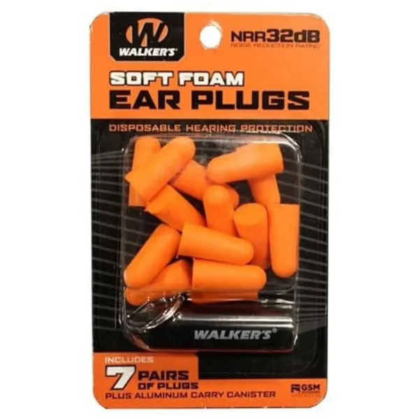 Walkers Game Ear Walker's Foam Ear Plugs 32dB with Aluminum Carry Canister Orange 7 pairs