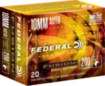 Federal Fusion Handgun Ammunition, angled view of orange and red retail box