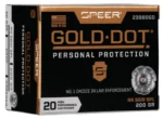 Speer Ammunition SPR Gold Dot, black and gold ammunition box with two cartridges in front