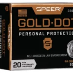 Speer Ammunition SPR Gold Dot, black and gold ammunition box with two cartridges in front