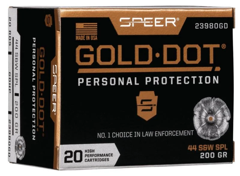 primary-50731 Speer Ammunition SPR Gold Dot, black and gold ammunition box with two cartridges in front