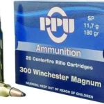 TRZ Trading Inc. PPU Rifle Ammunition, blue box with two brass cartridges, front view