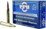 TRZ Trading Inc. PPU Rifle Ammunition, blue box with two brass cartridges, front view