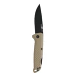 SOG Knives Adventurer LB folding knife with tan handle and black drop-point blade, side view