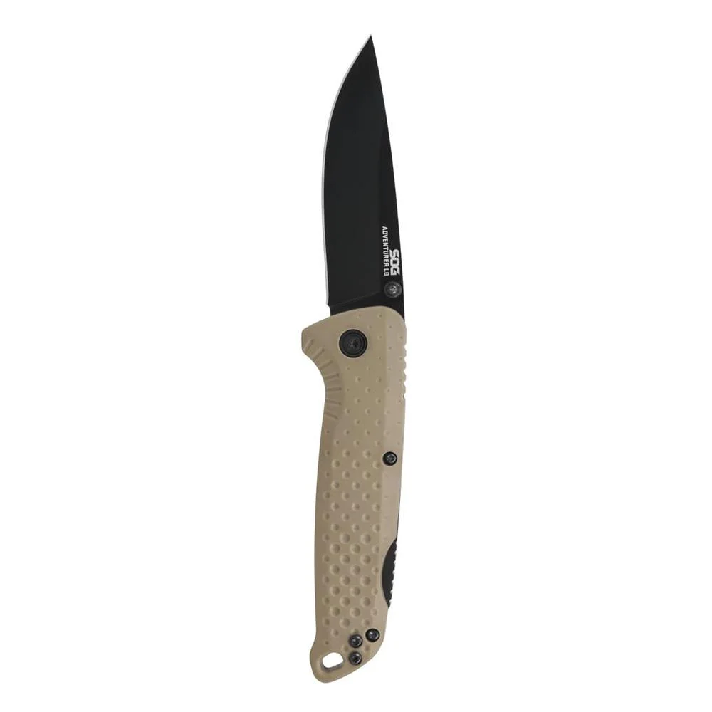 primary-50742 SOG Knives Adventurer LB folding knife with tan handle and black drop-point blade, side view
