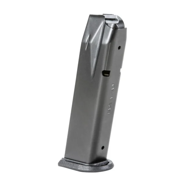 Walther PDP Full Size Handgun Magazine, gray metal body and black baseplate, angled side view