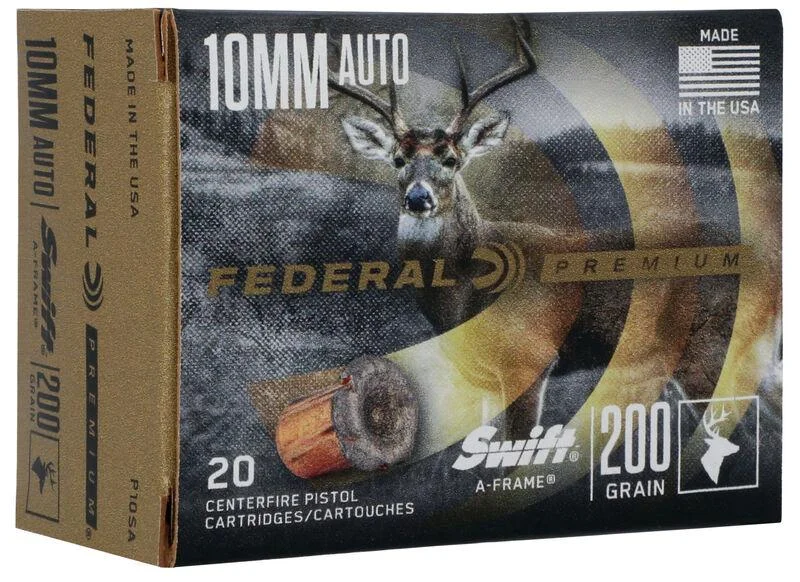 primary-50750 Federal Swift A-Frame Handgun Ammunition, black and tan box with deer graphic, front view