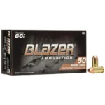 CCI Blazer Brass, front view of black ammunition box with three brass cartridges