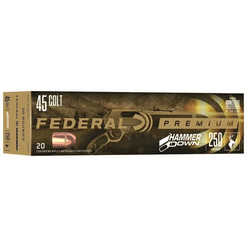primary-50757 Federal Hammer Down Rifle Ammunition, black and gold box shown from the front