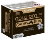 Speer Gold Dot Carry Gun brown and black ammunition box, angled front view