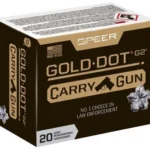 Speer Gold Dot Carry Gun brown and black ammunition box, angled front view