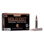 Speer Gold Dot Personal Protection Rifle Ammunition black box with two cartridges, front view