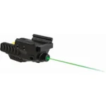 Truglo Handgun Laser Sight-Line Green, black rail-mounted laser in side view with green beam
