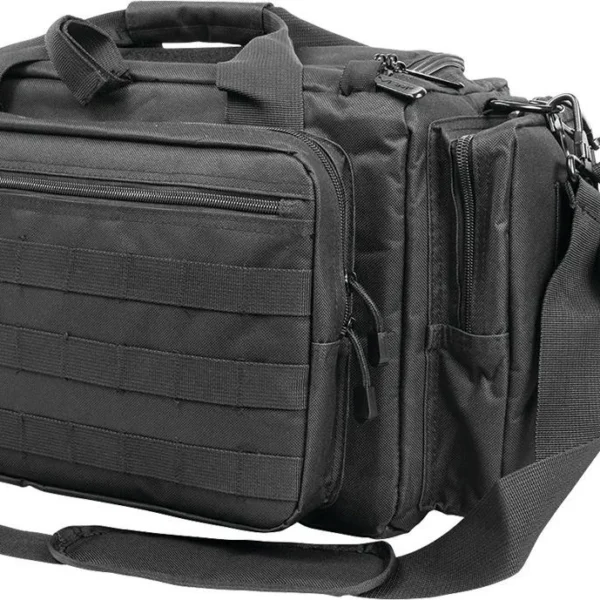 VISM by NcSTAR Competition Range Bag, black angled view with shoulder strap and side pouch
