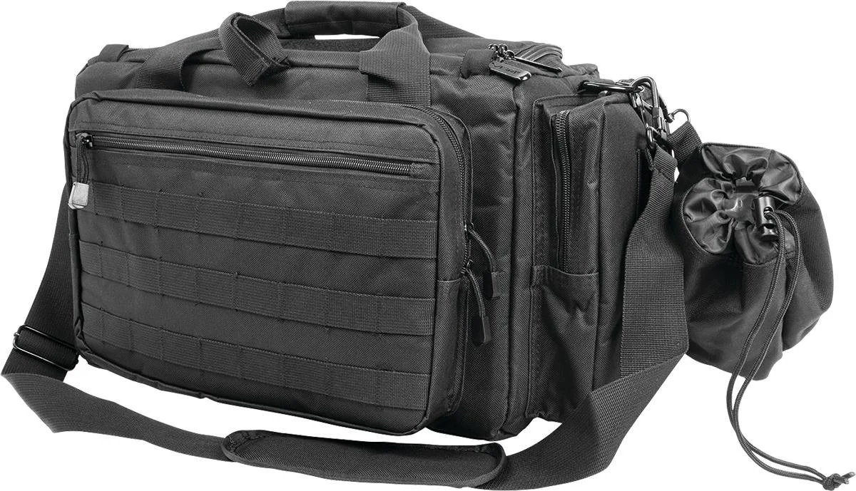 primary-50785 VISM by NcSTAR Competition Range Bag, black angled view with shoulder strap and side pouch