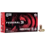 Federal American Eagle Handgun Ammunition, red and black box with two cartridges beside it