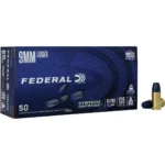 Federal Syntech Defense Handgun Ammunition blue box with two cartridges and a loose projectile