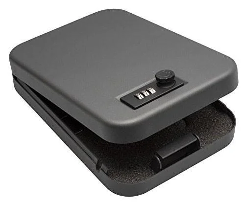 Snap Safe Large Combination Lockbox in dark grey, angled view partly open with dial lock