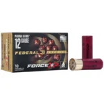 Federal FED PRM FORCE X2 ammunition box with two red shotgun shells, angled front view