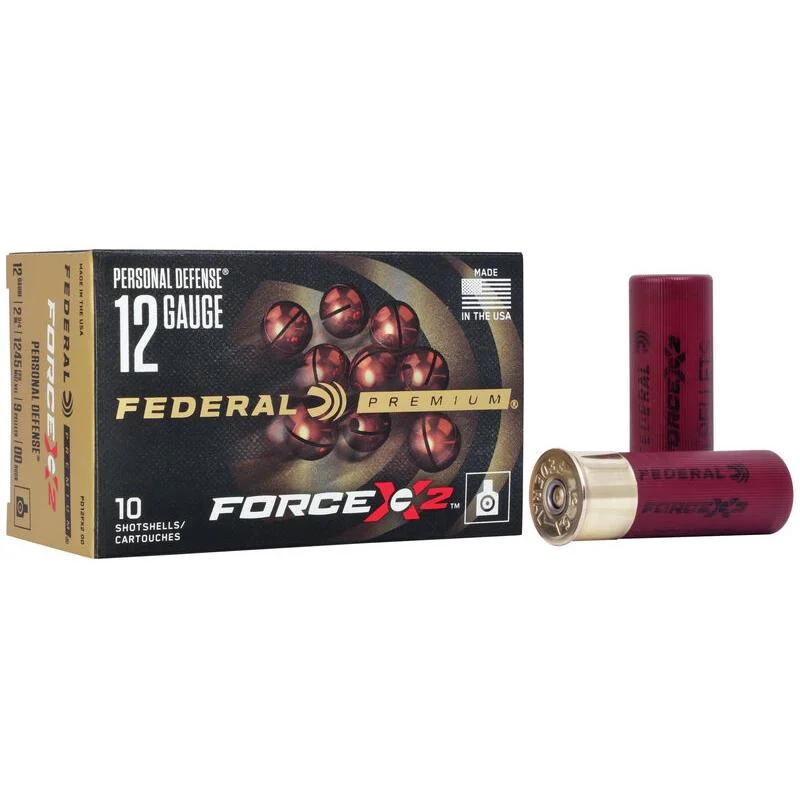 primary-50803 Federal FED PRM FORCE X2 ammunition box with two red shotgun shells, angled front view