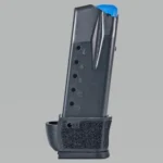 Kimber R7 Mako Extended Handgun Magazine, angled front view of black magazine with blue follower