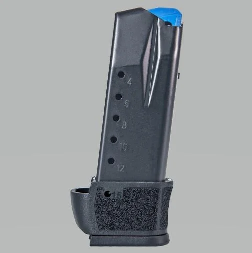 primary-50807 Kimber R7 Mako Extended Handgun Magazine, angled front view of black magazine with blue follower