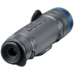 PULSAR TELOS XP50, angled rear view of black thermal monocular with eyecup and blue accent ring