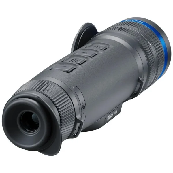 PULSAR TELOS XP50, angled rear view of black thermal monocular with eyecup and blue accent ring