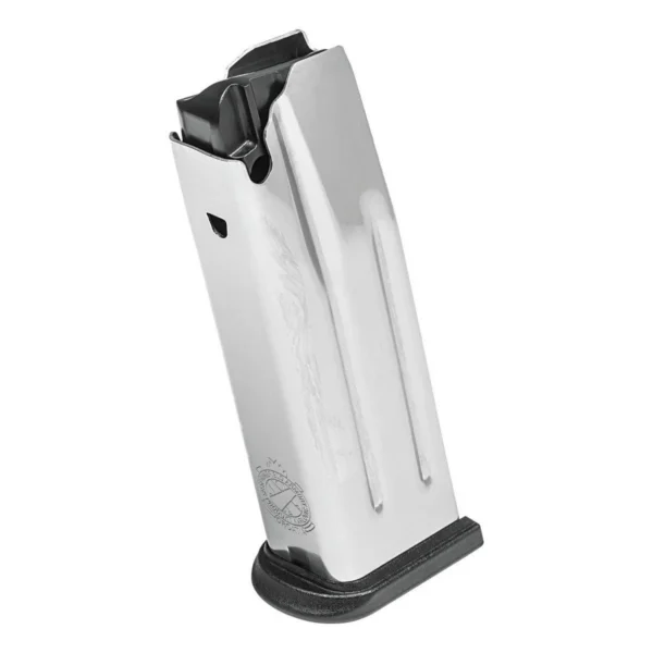 Springfield Armory XD-M Handgun Magazine, angled view with stainless body and black base