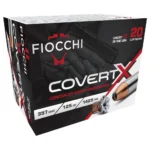 Fiocchi CovertX black, red and white ammunition box, angled front view with cartridge graphic