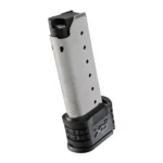 Springfield Armory XD(S) stainless handgun magazine, angled view with black extended base