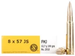 Sellier & Bellot Rifle Ammunition, yellow box with one upright cartridge and loose rounds