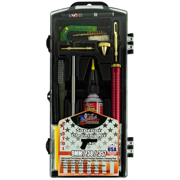 Pro-Shot Classic Box Kit Cleaning Kit, open black handgun cleaning case with tools and bottle