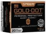 Speer Gold Dot Short Barrel Handgun Ammunition, black and gold box, front view