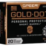 Speer Gold Dot Short Barrel Handgun Ammunition, black and gold box, front view