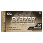 Cci Blazer Brass Handgun Ammunition black, gray and gold box, front view