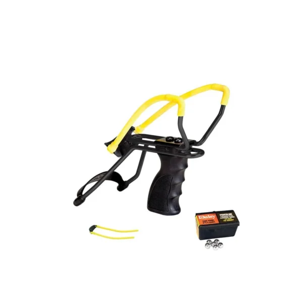 Daisy P51 Slingshot Kit, black slingshot with yellow bands and accessories