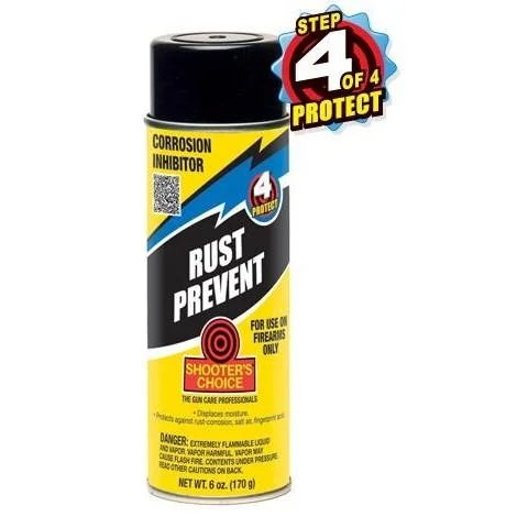 Shooter's Choice Rust Prevent yellow, black and red aerosol can, front view