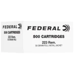 Federal FED 223REM 55GR FMJ 500/1000, white cartridge cartons shown from the front