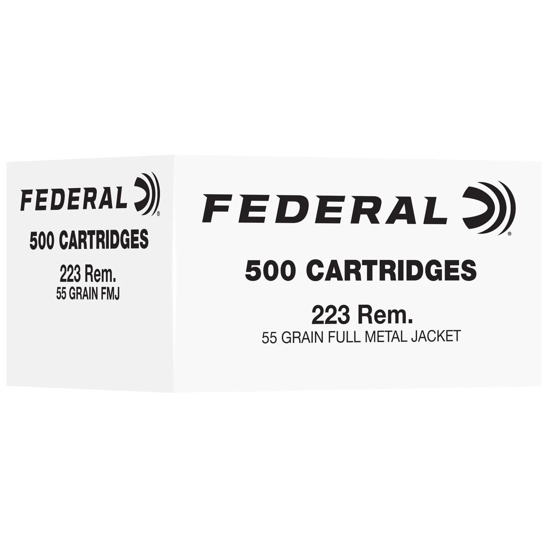 primary-50883 Federal FED 223REM 55GR FMJ 500/1000, white cartridge cartons shown from the front