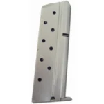 Kimber 1911 Handgun Magazine silver angled side view with witness holes and base plate
